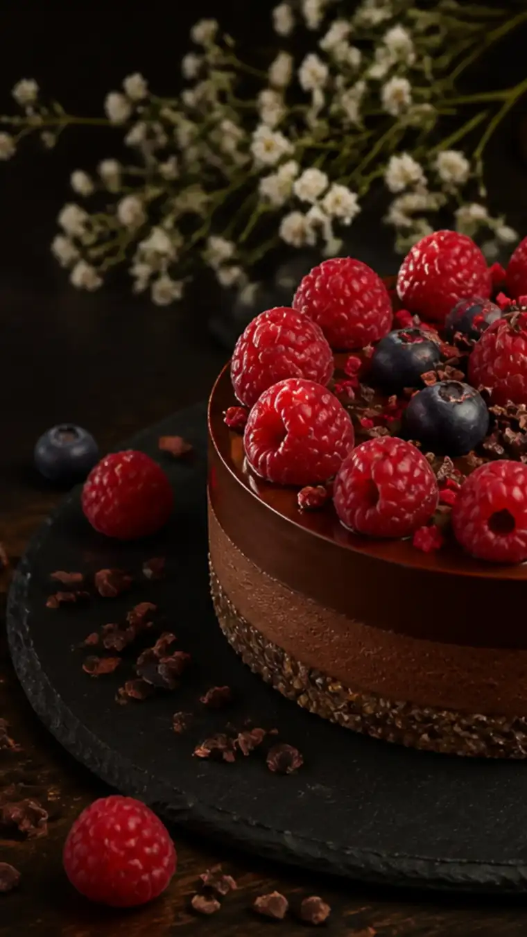 Tort raw vegan de ciocolata cu zmeura si afine pe ardezie neagra