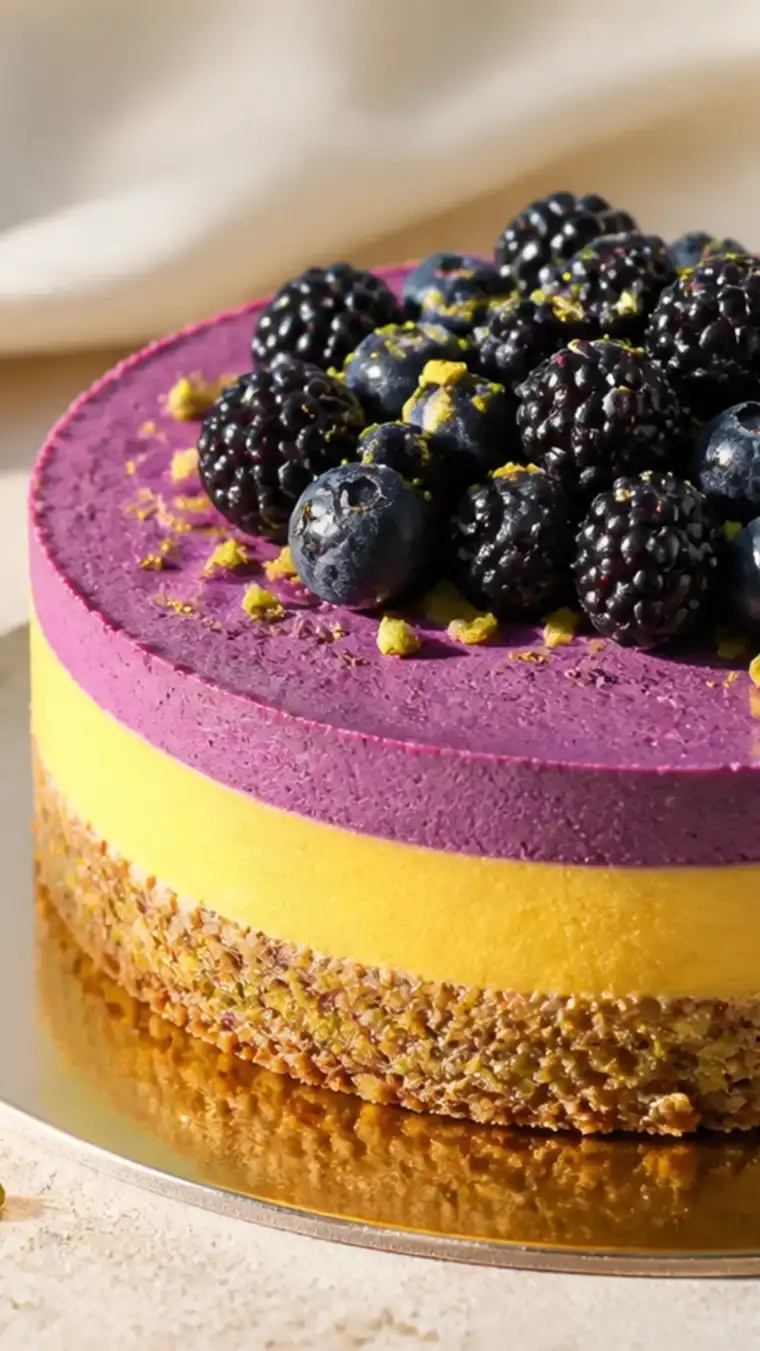 Tort raw vegan cu straturi mango si afine decorat cu fructe de padure