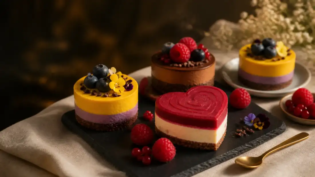 Prajituri raw vegane monoportii cu zmeura mango ciocolata si afine pe ardezie neagra