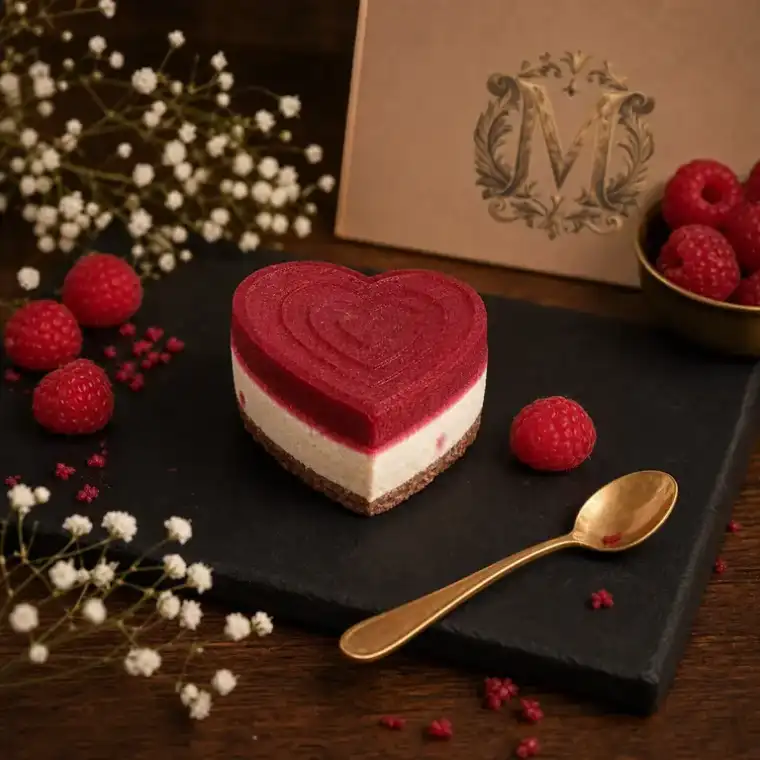 Inimioare Cocos și Zmeură raw vegan pe platou negru, cu zmeură proaspătă și logo Mireille de Margaux
