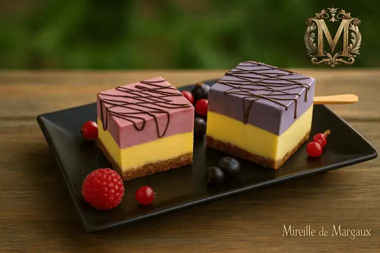 Prăjitură raw vegan Duo Fruitee cu mango și afine – desert de post Mireille de Margaux