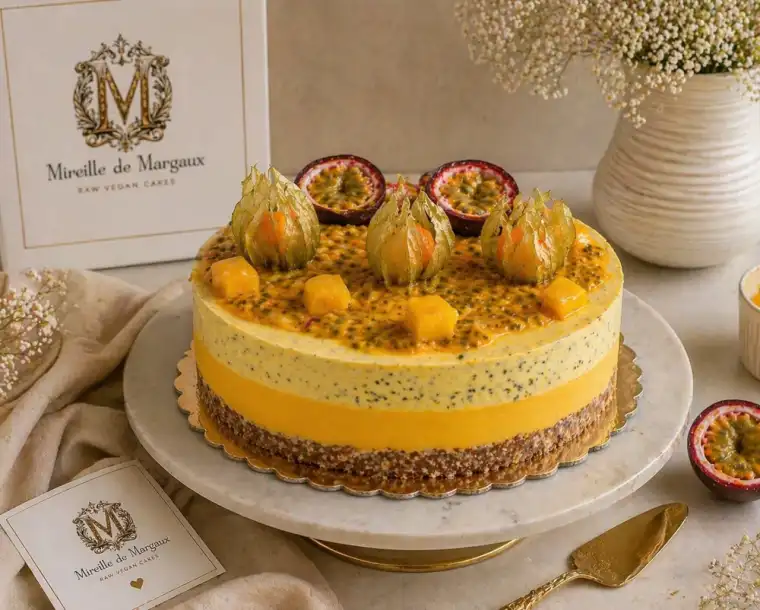 Tort Raw Vegan Mango și Fructul Pasiunii Mireille de Margaux, decorat cu fructul pasiunii, physalis și cuburi de mango
