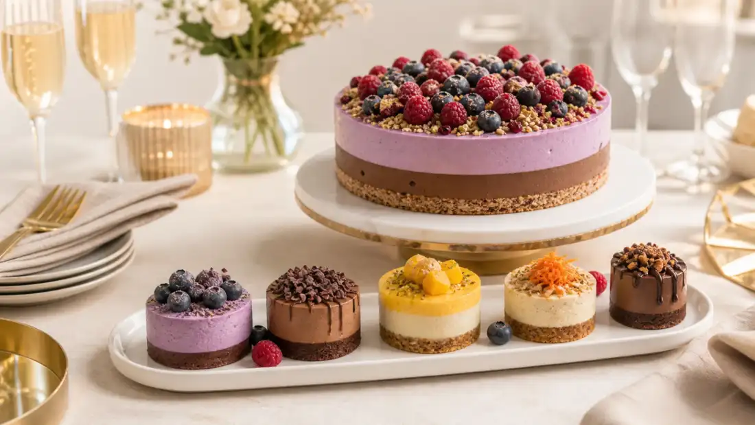 Tort raw vegan si monoportii elegante pentru eveniment pe masa luminoasa