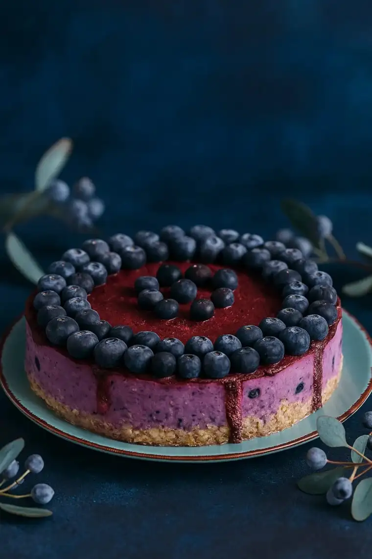 Tort raw vegan cu afine și fructe de pădure, decor elegant, fără zahăr