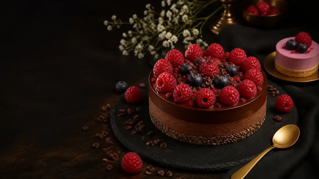 Tort raw vegan de ciocolata cu zmeura si afine pe ardezie neagra