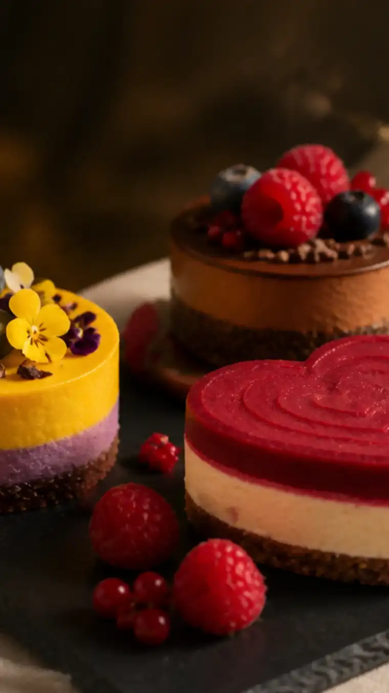 Prajituri raw vegane monoportii cu zmeura mango ciocolata si afine pe ardezie neagra