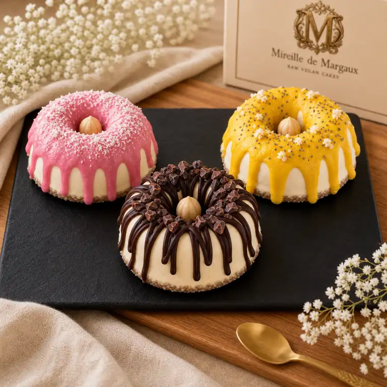 Trio Bundt raw vegan cu ciocolata, mango-fructul pasiunii si zmeura Mireille de Margaux