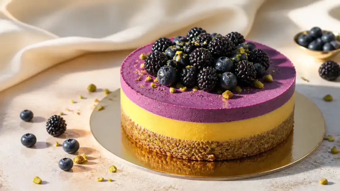 Tort raw vegan cu straturi mango si afine decorat cu fructe de padure