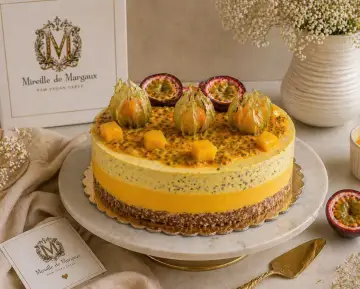 Tort Raw Vegan Mango și Fructul Pasiunii Mireille de Margaux, decorat cu fructul pasiunii, physalis și cuburi de mango