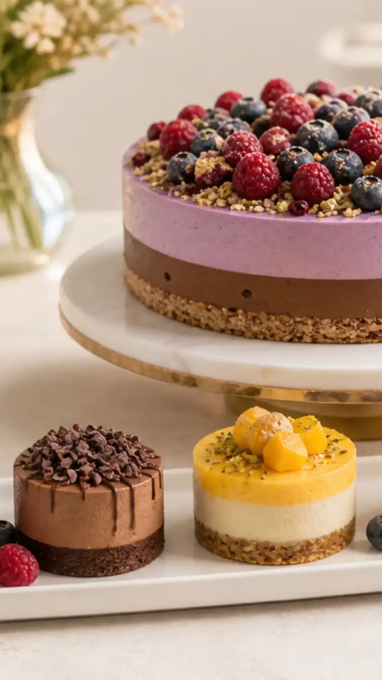 Tort raw vegan si monoportii elegante pentru eveniment pe masa luminoasa